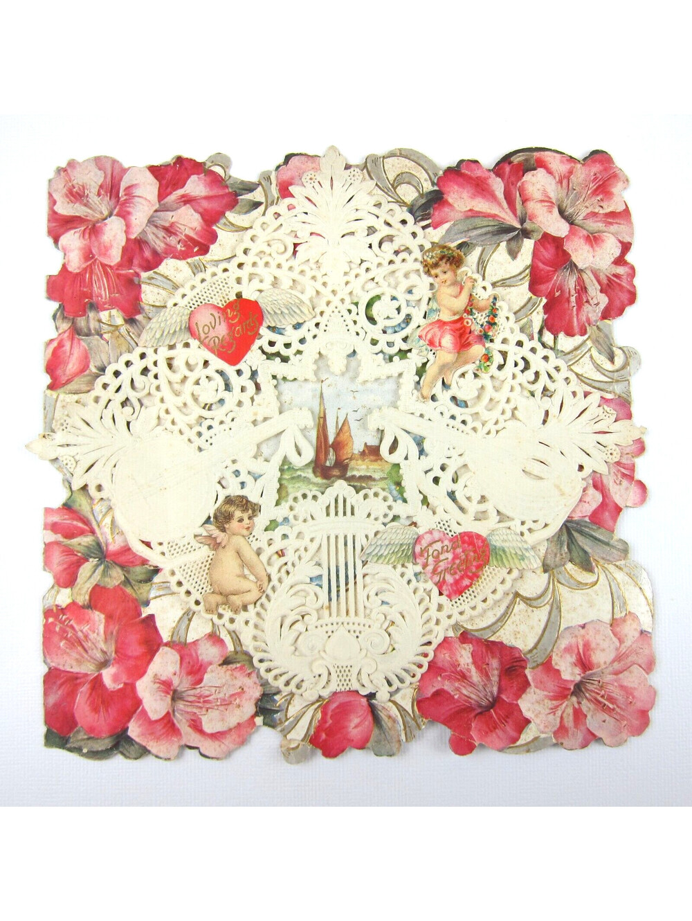 Antique Valentine Die Cut Sailboat & Cupid Angel Boys Pink Flowers Hearts Bifold